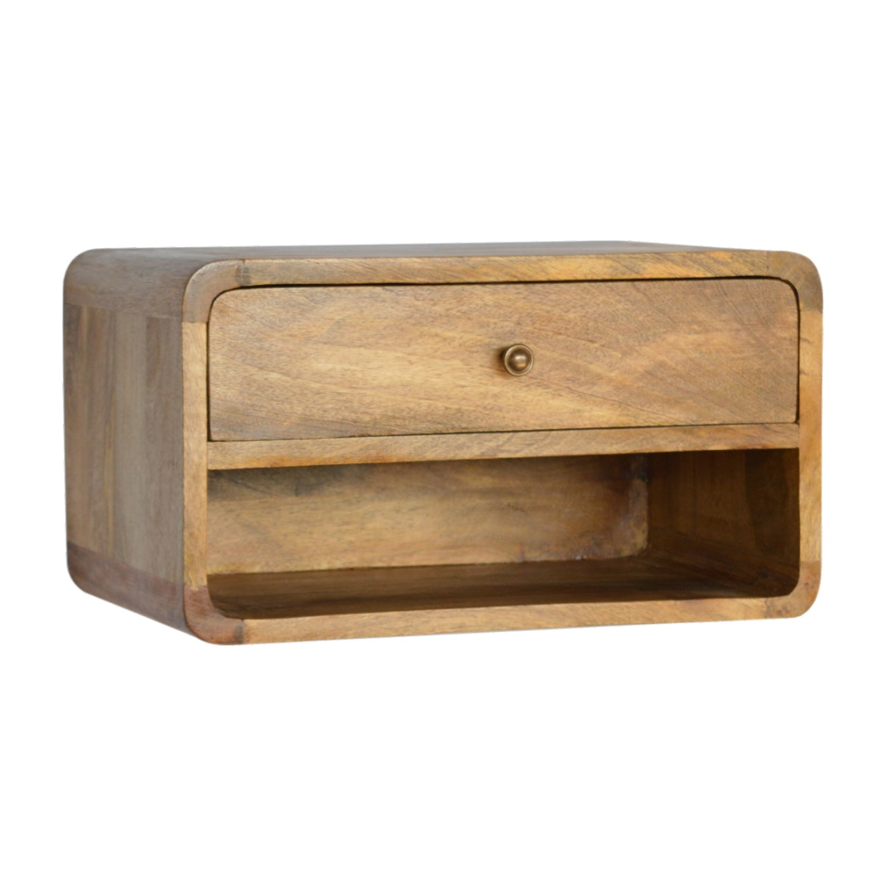 Luna floating oak bedside side view showing curved profile