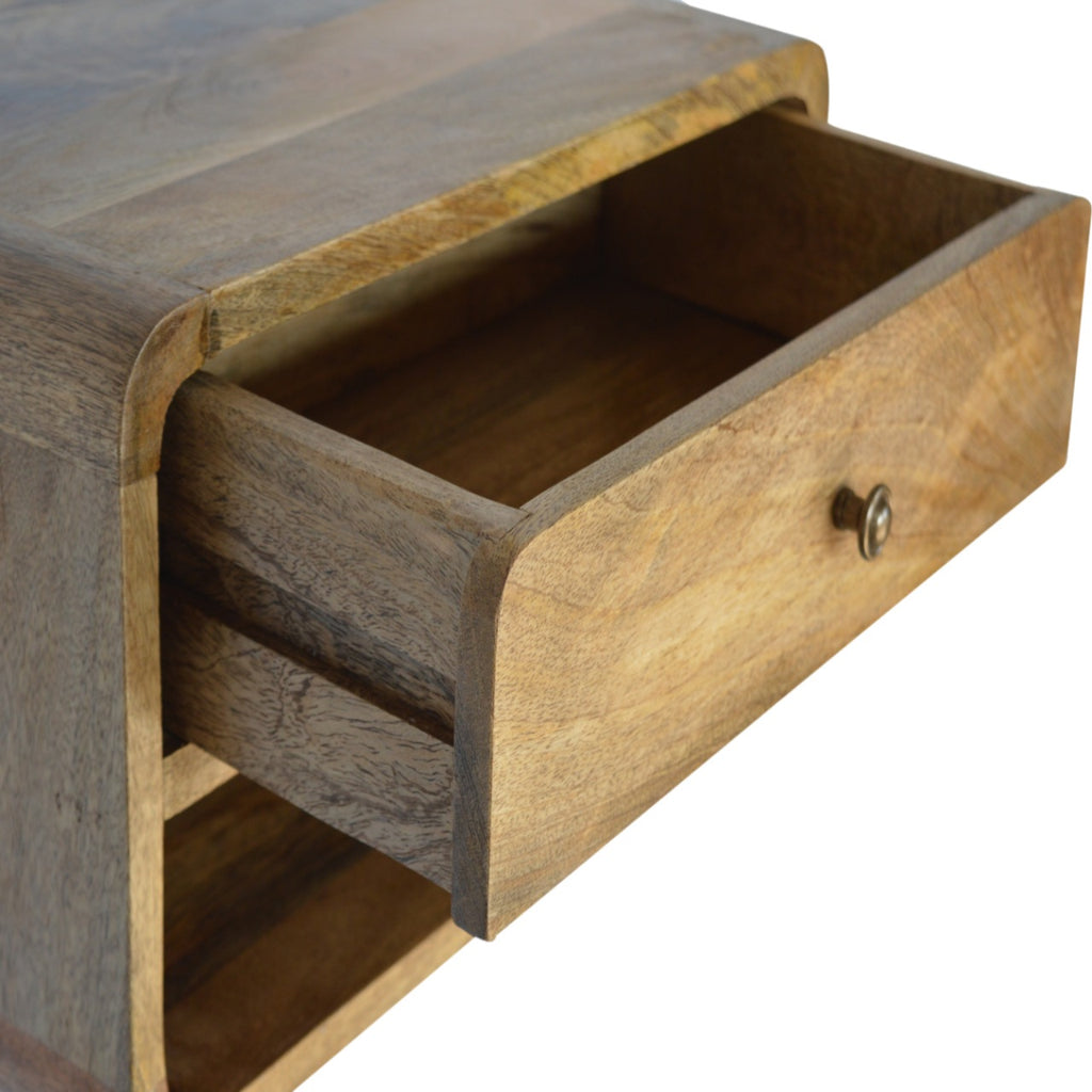 Luna floating oak bedside in compact bedroom wall-mounted