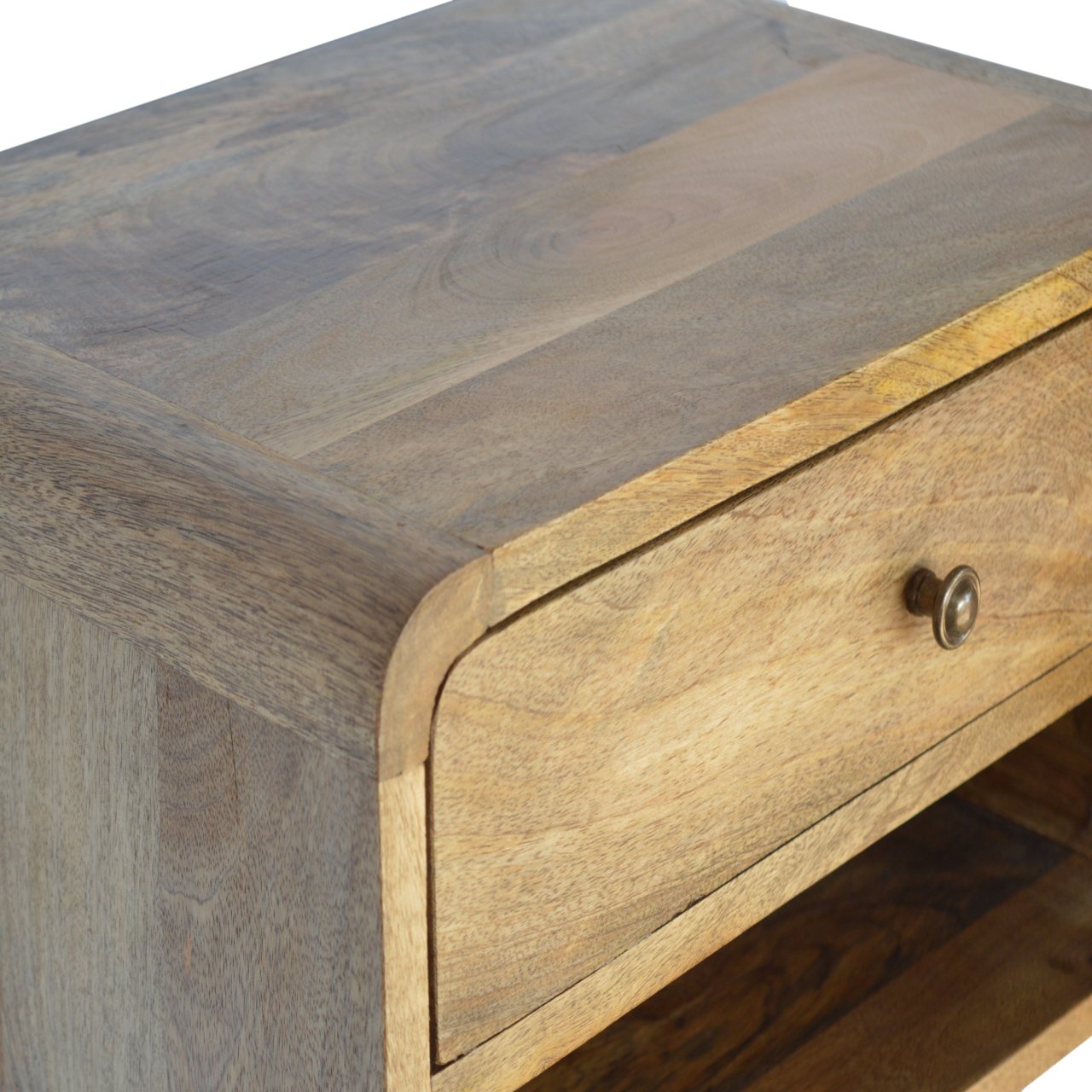 Luna floating oak bedside angled view showing open slot