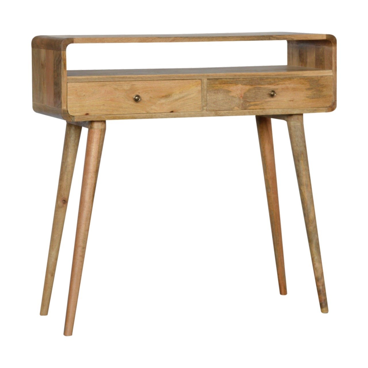 Curved oak console table side view showing Scandinavian legs