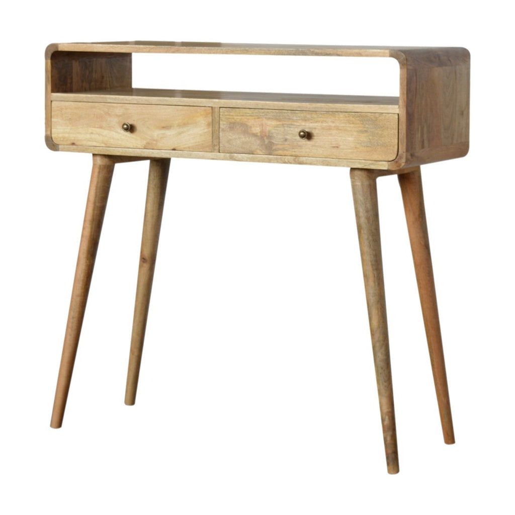Curved oak console table solid mango wood with 2 drawers and brass knobs – front view