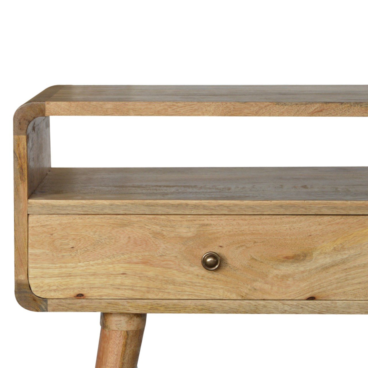 Curved oak console table drawer open showing interior