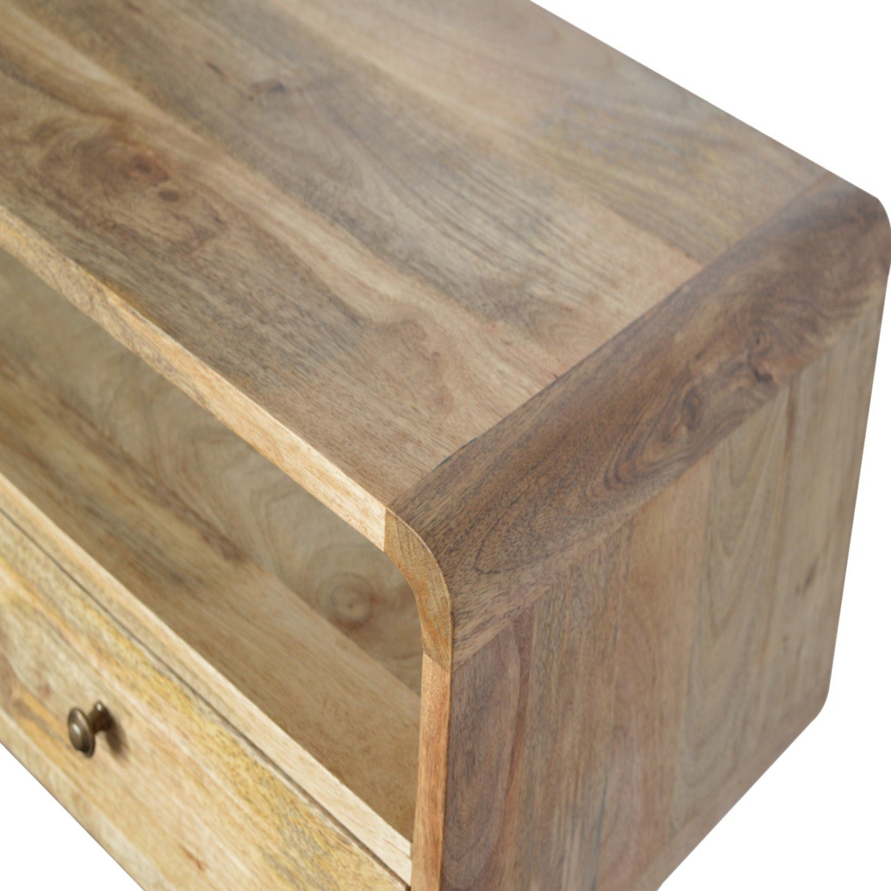 Curved oak console table top surface and brass knobs detail