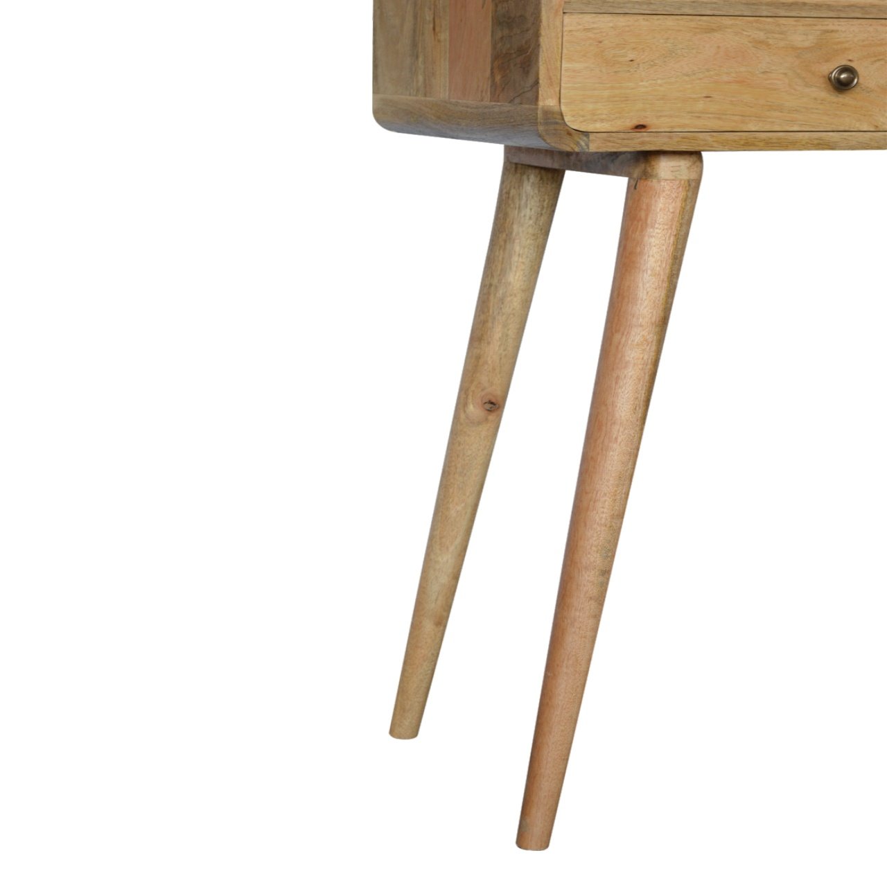 Curved oak console angled view showing open storage slot