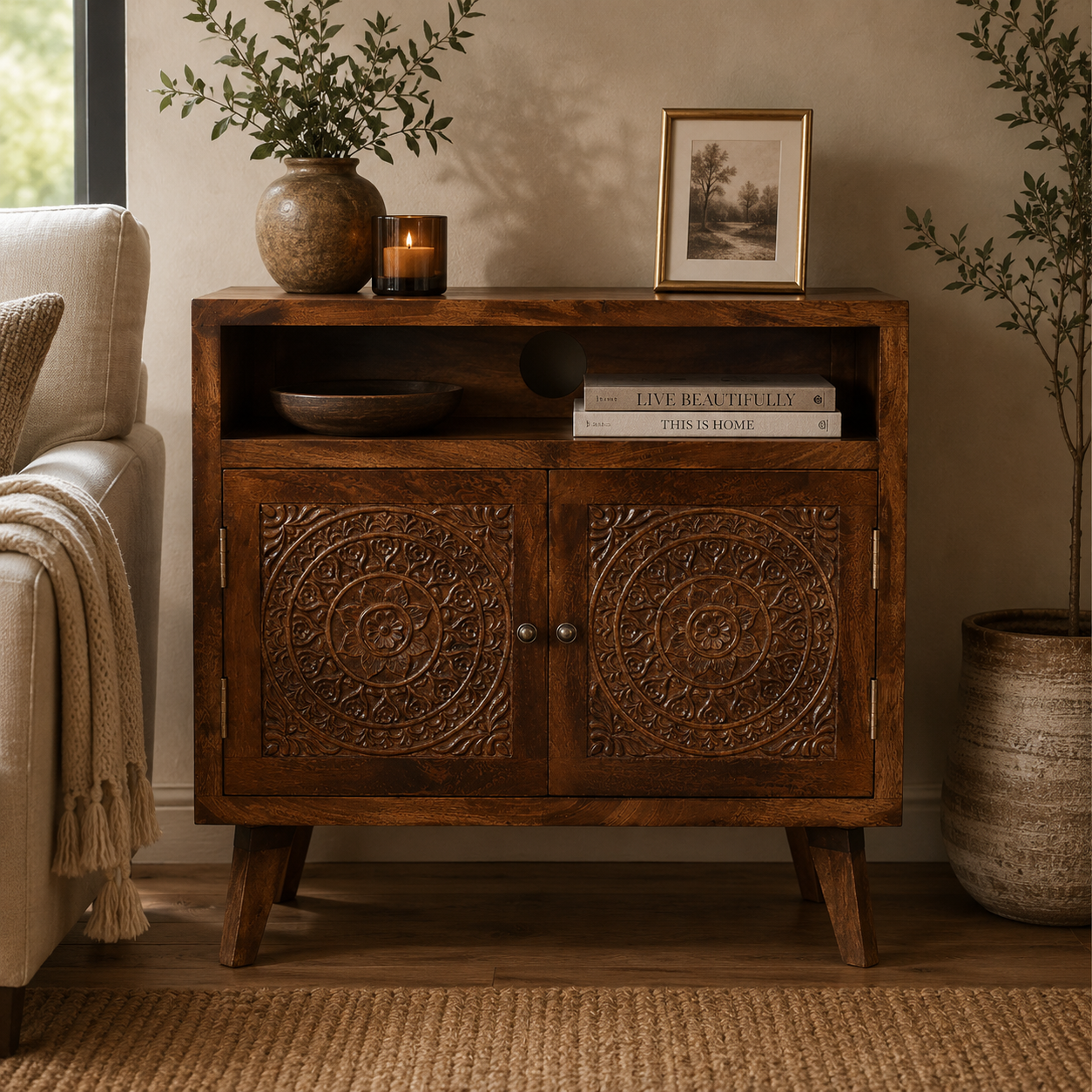 The Soren Solid Wood Open Shelf Cabinet - Chestnut Finish