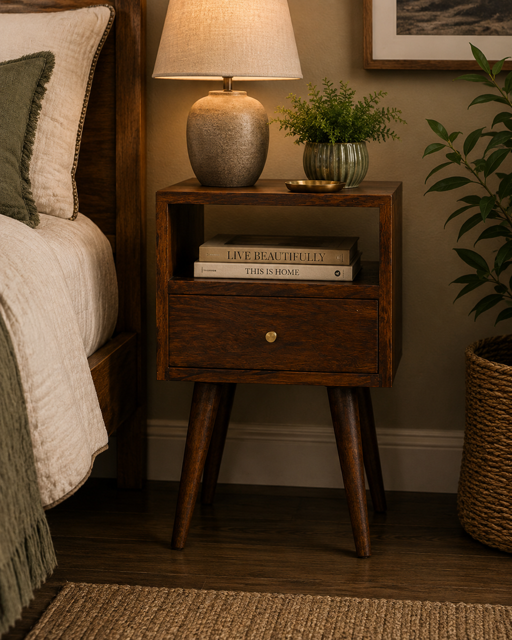 Astrid Mini 1 Drawer Solid Wood Bedside Table - Chestnut Finish